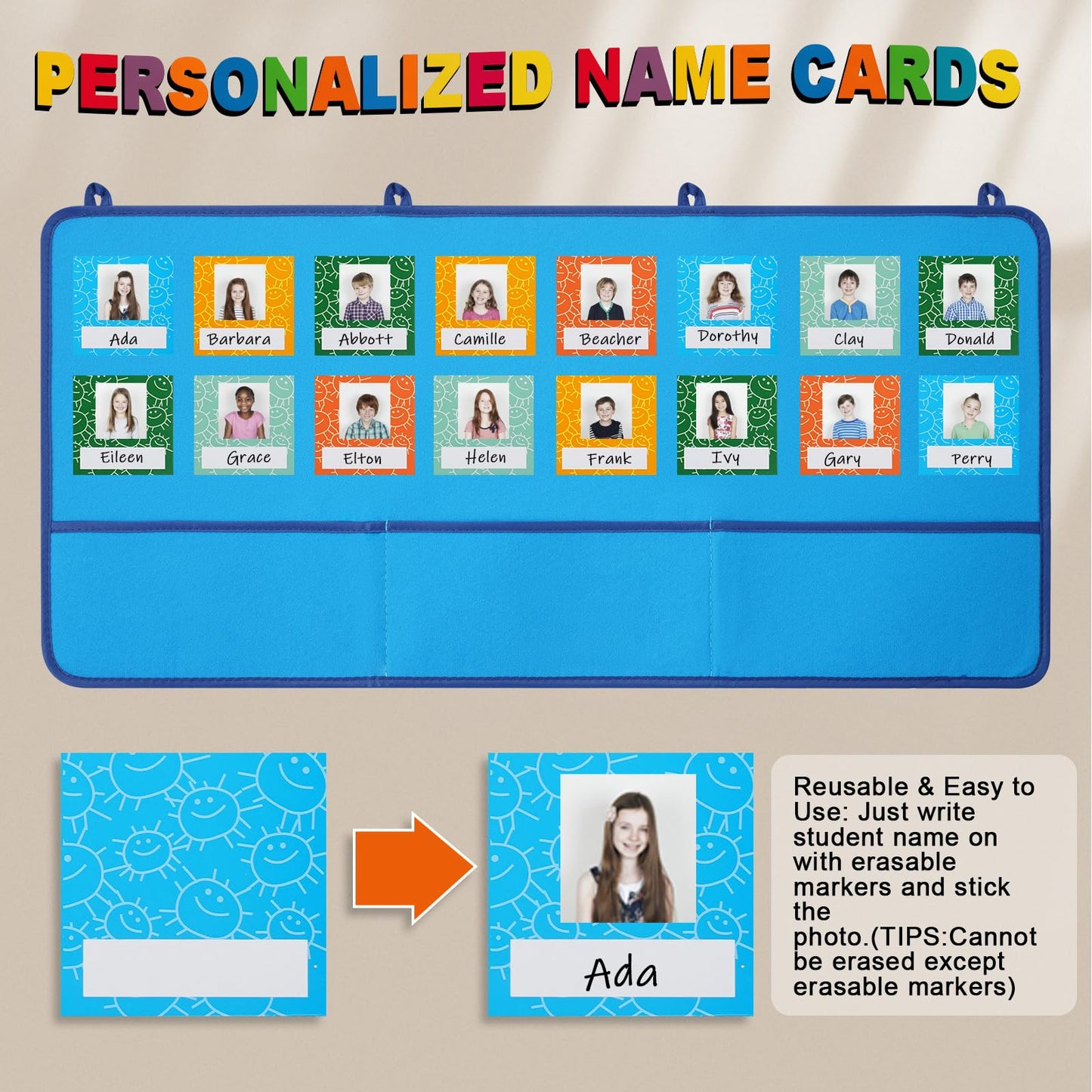 Attendance Pocket Chart for Preschool Classroom Large Wall Organization, Blue Felt Board Pocket Charts for Teachers, Kindergarten Kids Daycare Teaching Supplies, 74 Cards with 78 Magic Hooks