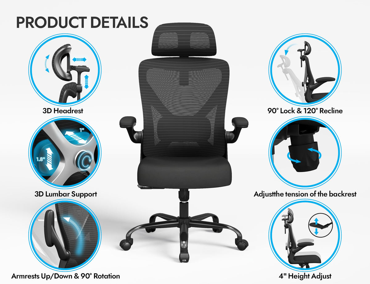 Ergalithic Ergonomic Office Chair - X-Shaped Computer Desk Chair Comfy, Gaming Chair, Office Chair with Lumbar Support, Mesh Office Chairs with Headrests, Desk Chair for Long Hours (Black Silver)