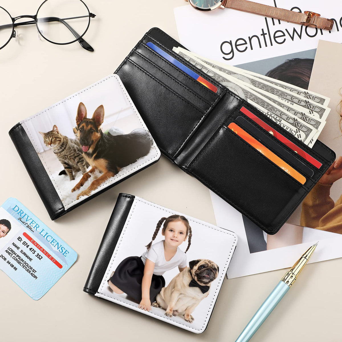 LEIFIDE 4 Pcs Sublimation Wallet Blanks for Men Heat Transfer Wallet Blank Sublimation Single Sided DIY Purse Slim PU Leather Bag with ID Windows Card Slots for Father's Day Gift Travel Work
