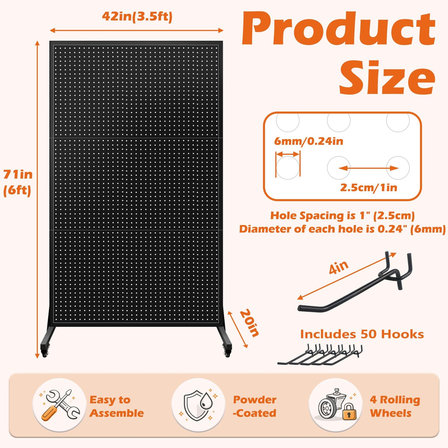 Royxen 3.5 x 6 Feet Metal Pegboard with 50 Hooks, Peg Board Display Stand with Wheels, Large Standing Pegboard Displaywith T-Base Art Display Stand for Retail Stores Exhibitions Homes (Black)