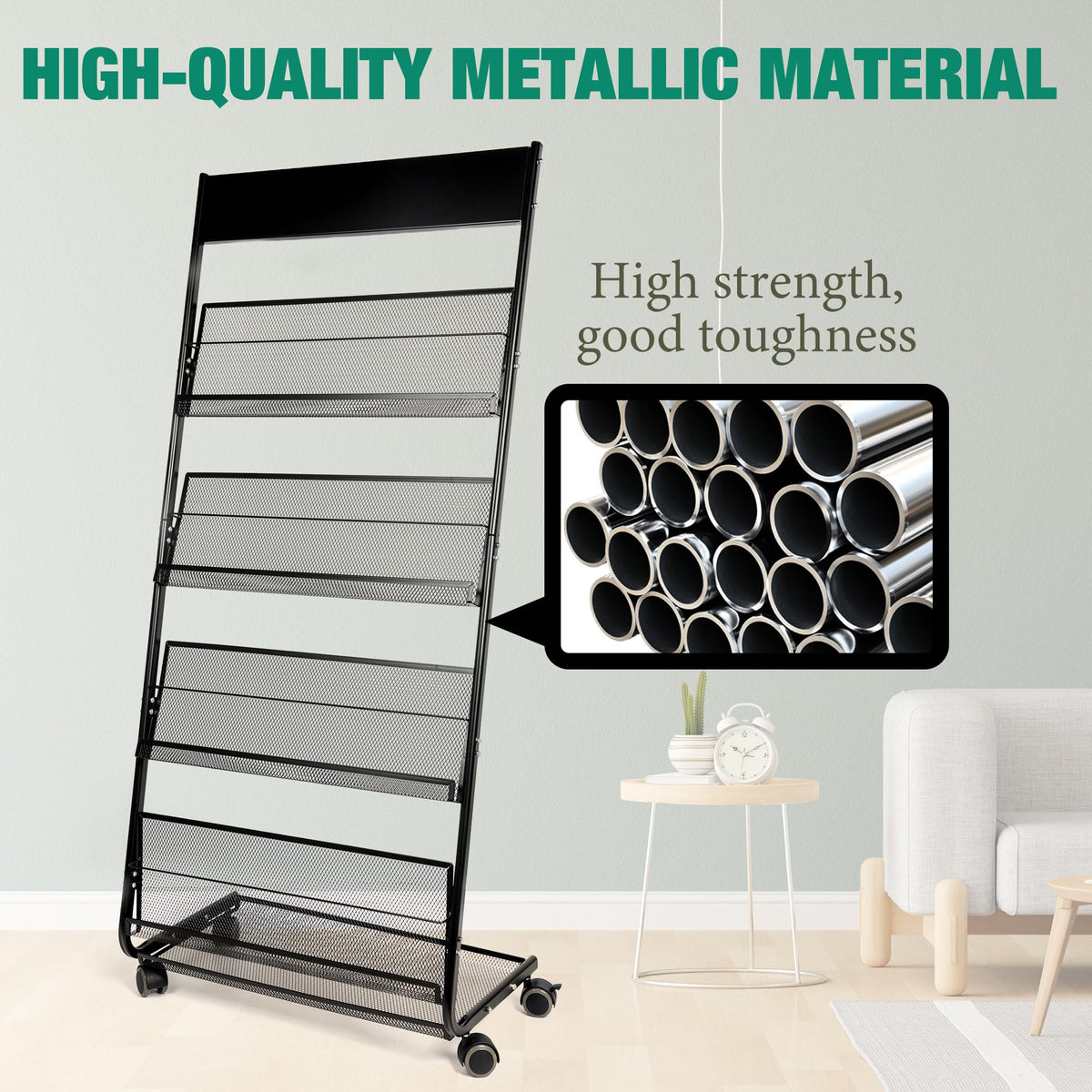 KIZECK Floor Magazine Rack Brochure Display Stand 4-Layer With Wheels And Top Billboard, Newspaper Magazine Holder High-Hardness For Office Exhibitions, Black (57.5''*25''*13.2'')
