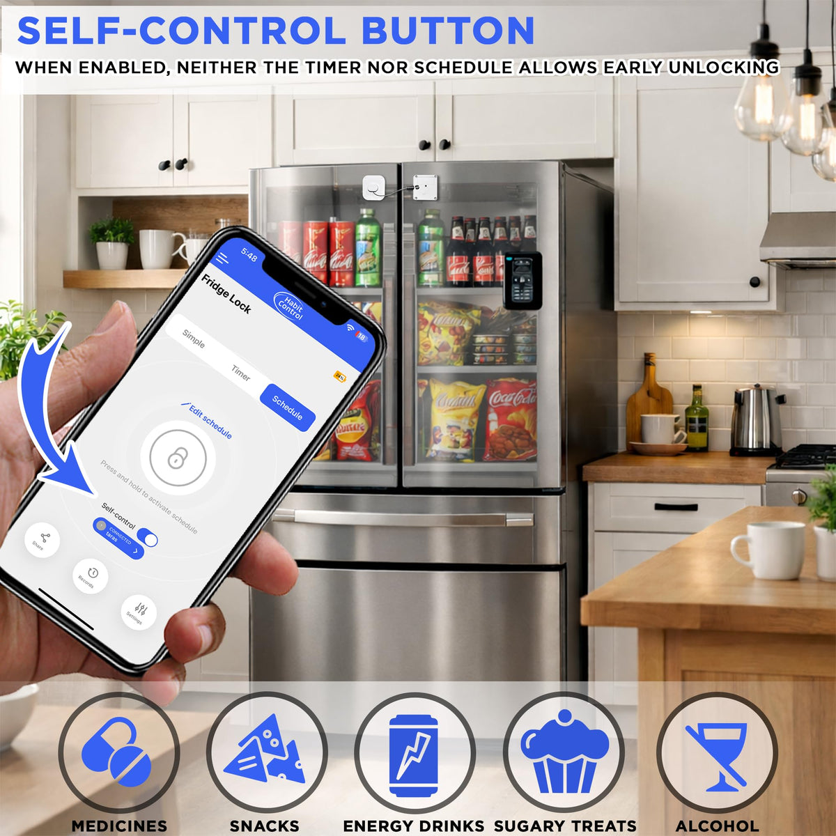 Habit Control Smart Lock - App-Controlled Access for Snacks, Food & Alcohol - 3-in-1 Modes: Timer, Schedule & Simple Lock - for Refrigerators, Cabinets, Drawers, Cupboards - Support Better Habits