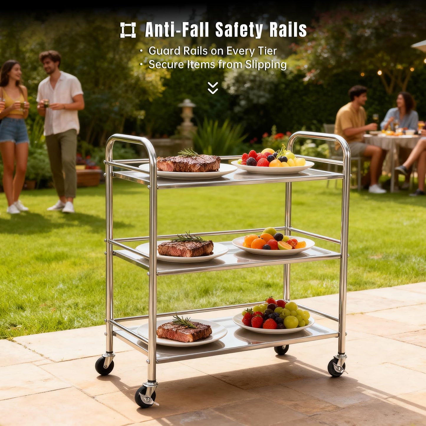 Stainless Steel Utility Cart - 3-Tire Metal Rolling Small Service Cart on Wheels for Salon Labs Clinic - Flat Top Kitchen Storage Organizer Shelf Trolley for Livingroom Office