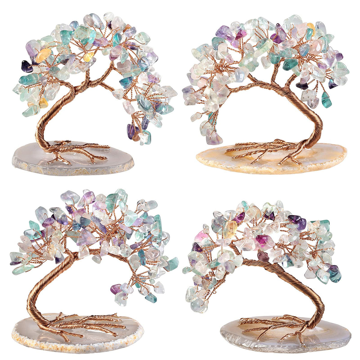 mookaitedecor Natural Fluorite Crystal Money Tree Agate Slice Base Feng Shui Bonsai Crystal Tree for Wealth Luck Desk Decor, 3-4 Inch High