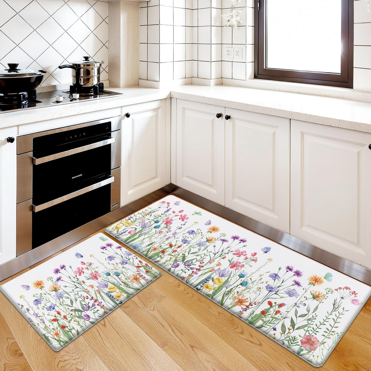 SHACOS Spring Kitchen Rugs Set of 2 Anti-Fatigue Kitchen Mats Floral Rugs White Cushioned Mats with Colorful Flowers Butterfly 17x27.5+17x47, Spring Flowers