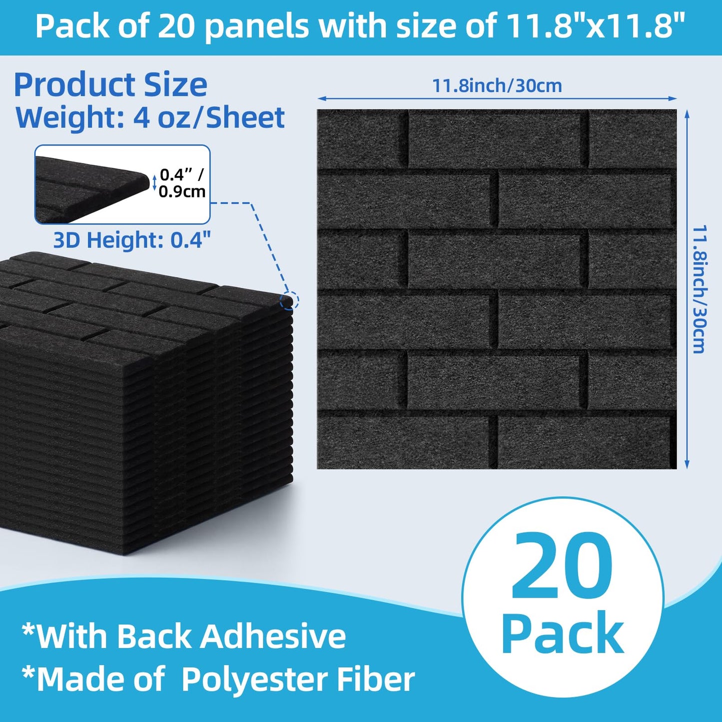 BrightRow 20 Pack Acoustic Panels 12" X 12" Soundproof Wall Panels with Self Adhesive High Density Brick Pattern Sound Absorbing Decorative for Home Office Gaming Room Studio