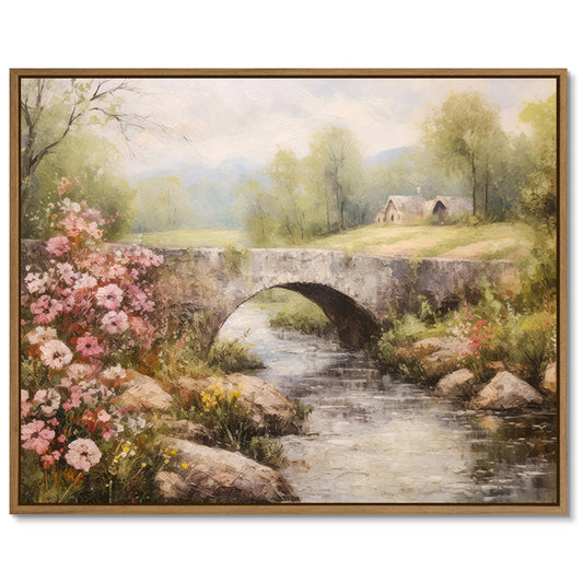 Gardenia Art Framed Country Landscape Wall Art Prints Mountain Bridge River with Blooming Flowers Wall Pictures Spring Scene Canvas Painting Nature View Artwork for Farmhouse Bedroom Home Office Decor