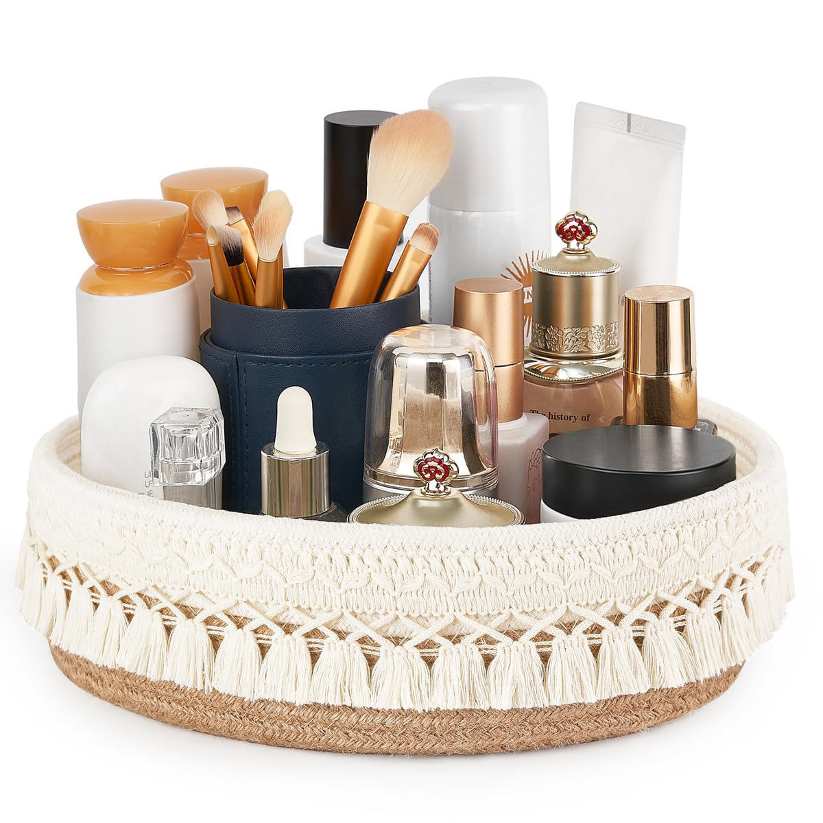 Mkono Makeup Perfume Holder Organizer Macrame Decorative Woven Rope Basket Boho Decor Cosmetics Desk Storage Baskets for Dresser Skin Care Lotions Essential Oils Dorm Room Essentials,Yellow and White