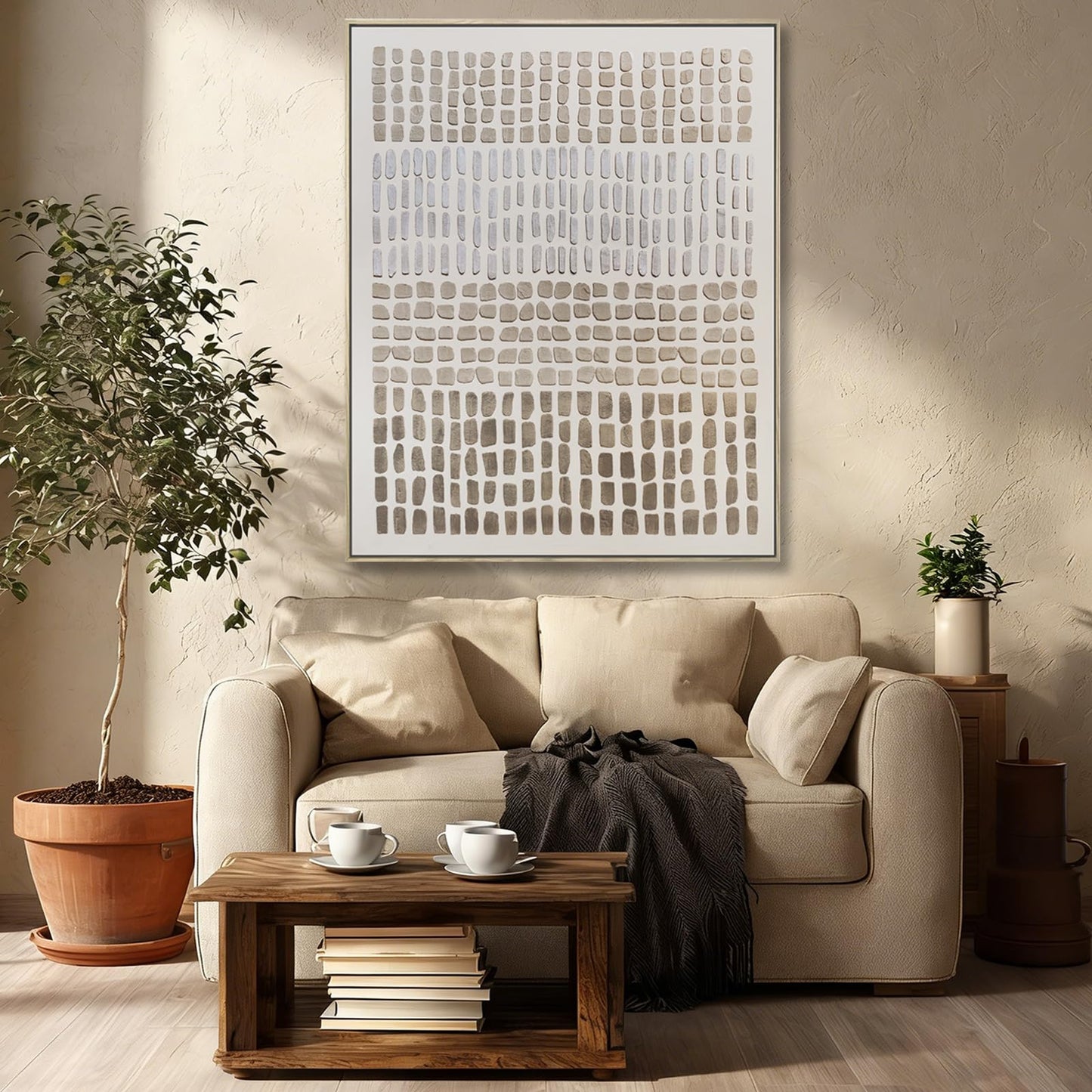 Neutral Beige Minimalist Abstract Wall Art, Mid Century Geometric Hand Painted Framed Canvas, Modern Textured Wall Decor for Living Room Bedroom Office, 32x40 Inch