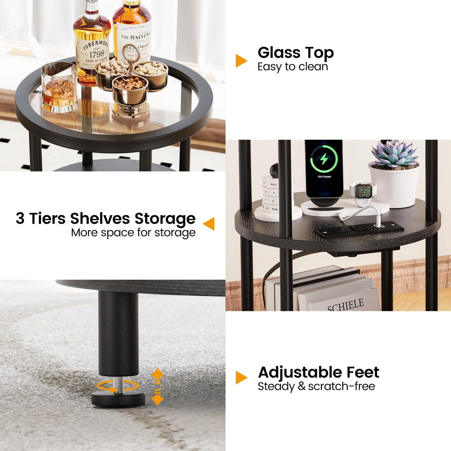 Homeiju Glass Side Table, 3-Tier Glass End Table with Adjustable Feet, Bedside Table for Small Space for Living Room, Balcony, Bedroom, Black, with USB Ports & Power Outlets