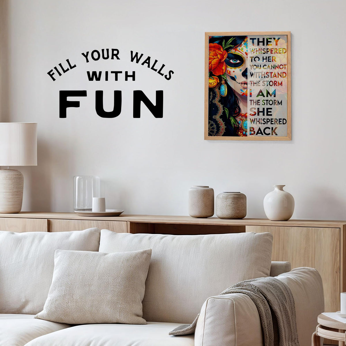 Sugar Skull Mexican Wall Art 11x14 - I Am The Storm Inspirational Quote - Day of the Dead Dia De Los Muertos Decor - Motivational Gifts for Women Home Office Bedroom - Unframed