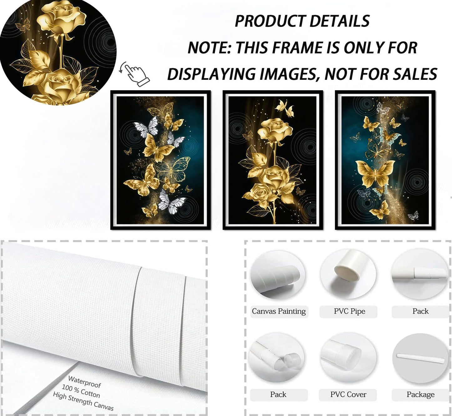 3Pcs Abstract Gold Butterfly Canvas Wall Art Gold Butterfly and Rose Posters Prints Painting Modern luxury Flowers Wall Decor pictures for Living Room Bedroom Home Decoration Unframed