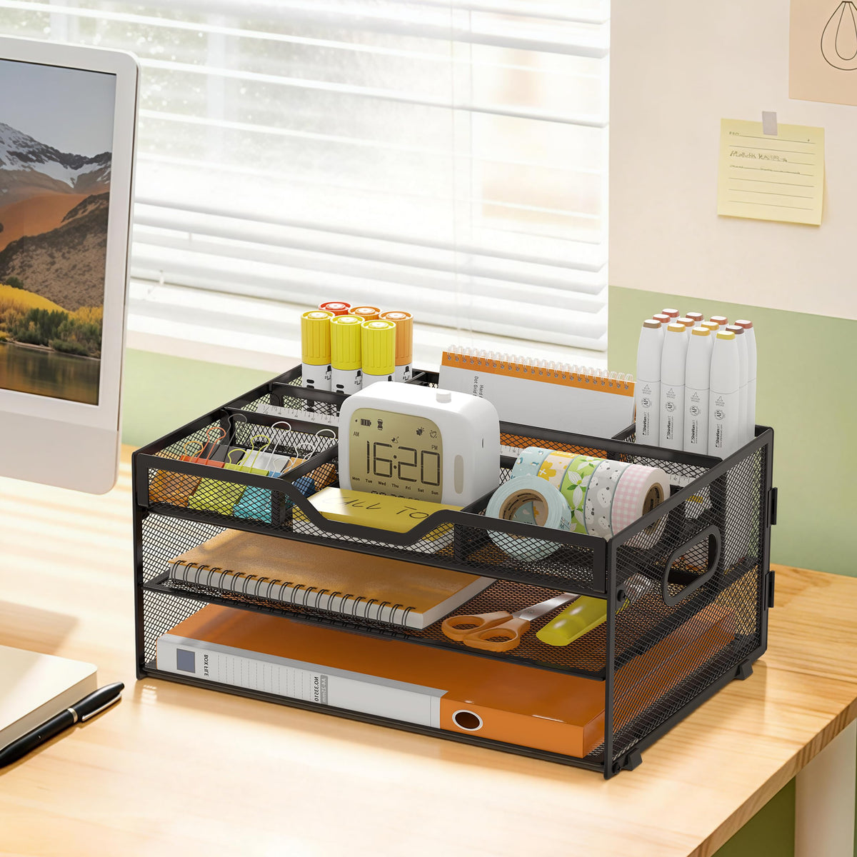 NextFile 3-Tier Letter Paper Tray Desk Organizer, Black Desktop File Rack Holder with 3 Drop in Pencil Holder and Sliding Tray for Office Classroom and Home Supplies Organization Storage