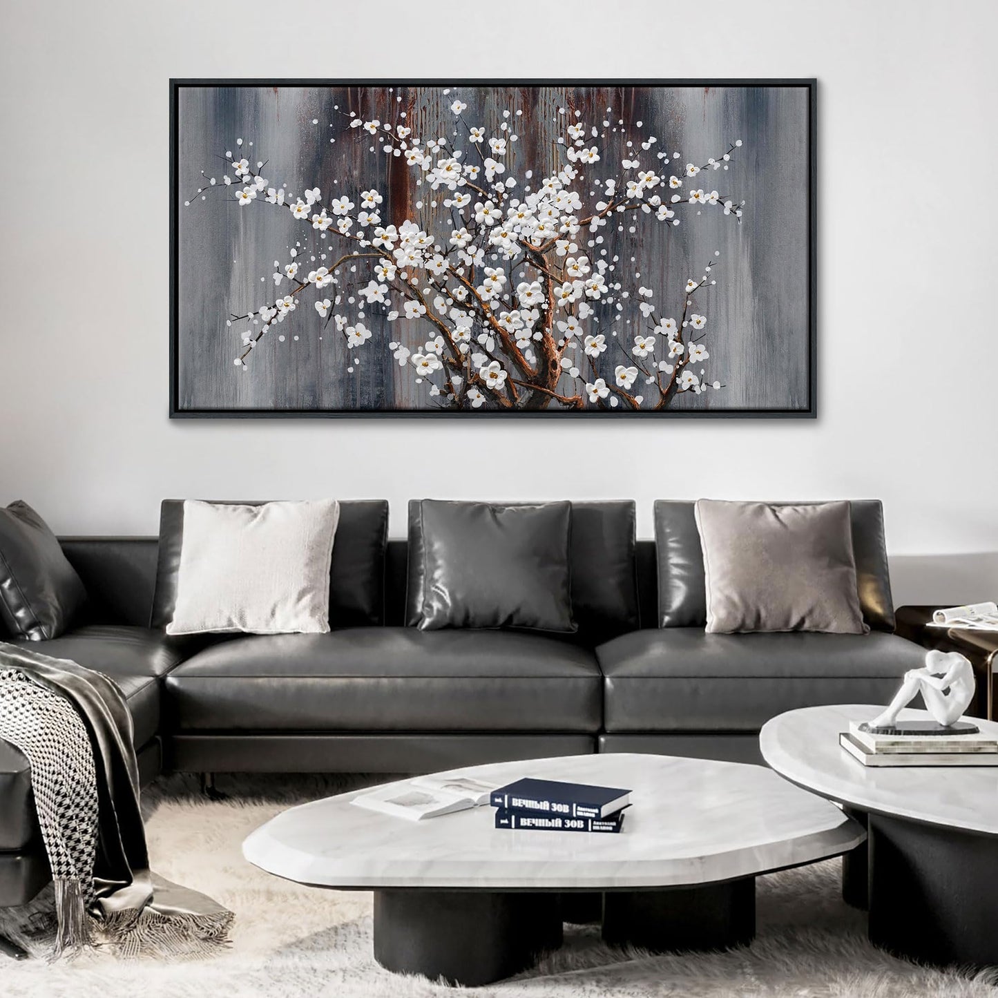 Wall Art for Living Room Large Modern Wall Decor Canvas Paintings for Wall Decorations White Flower Brown Bedroom Office Artwork Plum Blossom Art Prints Framed 20×40IN