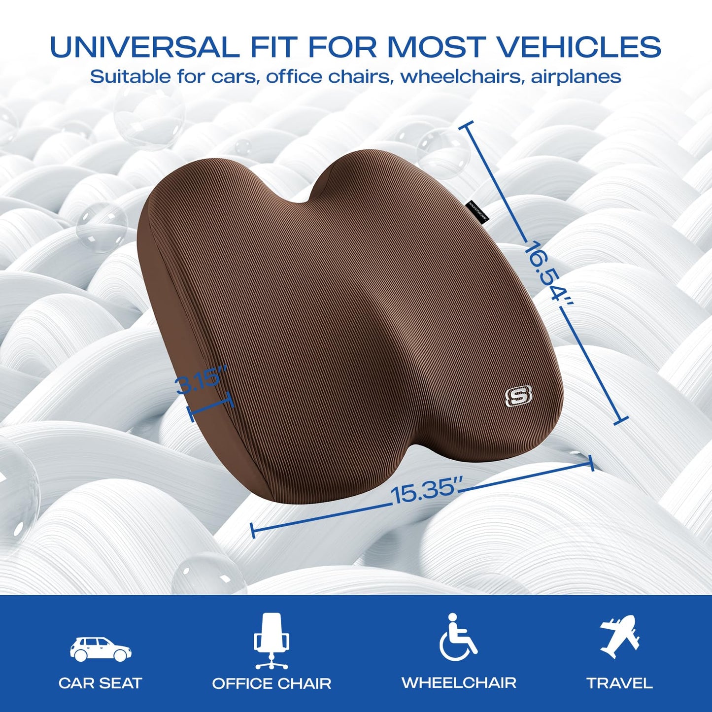 Skechers Seat Cushion, Ergonomic Memory Foam Cushion for Long Sitting Hours on Office & Home Chair, Car Seat Cushion for Sciatica, Coccyx Cushion,Brown