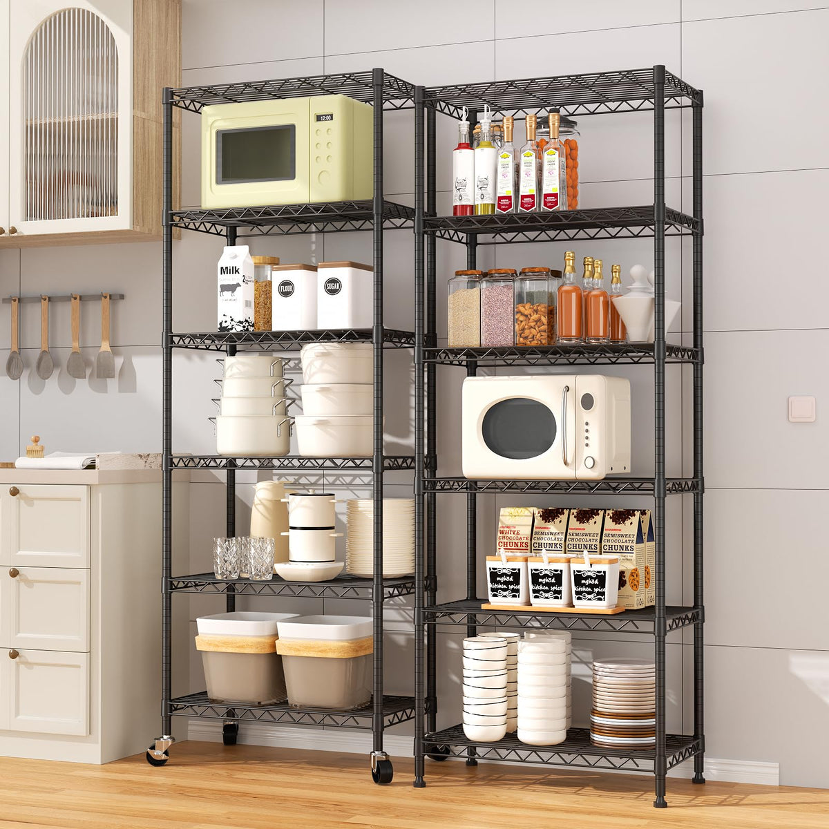 VANZBON 6-Tier Wire Rack Shelving,21.3" Wx11.4 Dx73 H,Metal Shelf On Lockable Wheels,Height Adjustable Wire Storage Shelves for Narrow Space/Kitchen/Pantry/Laundry/Office/Closet/Black