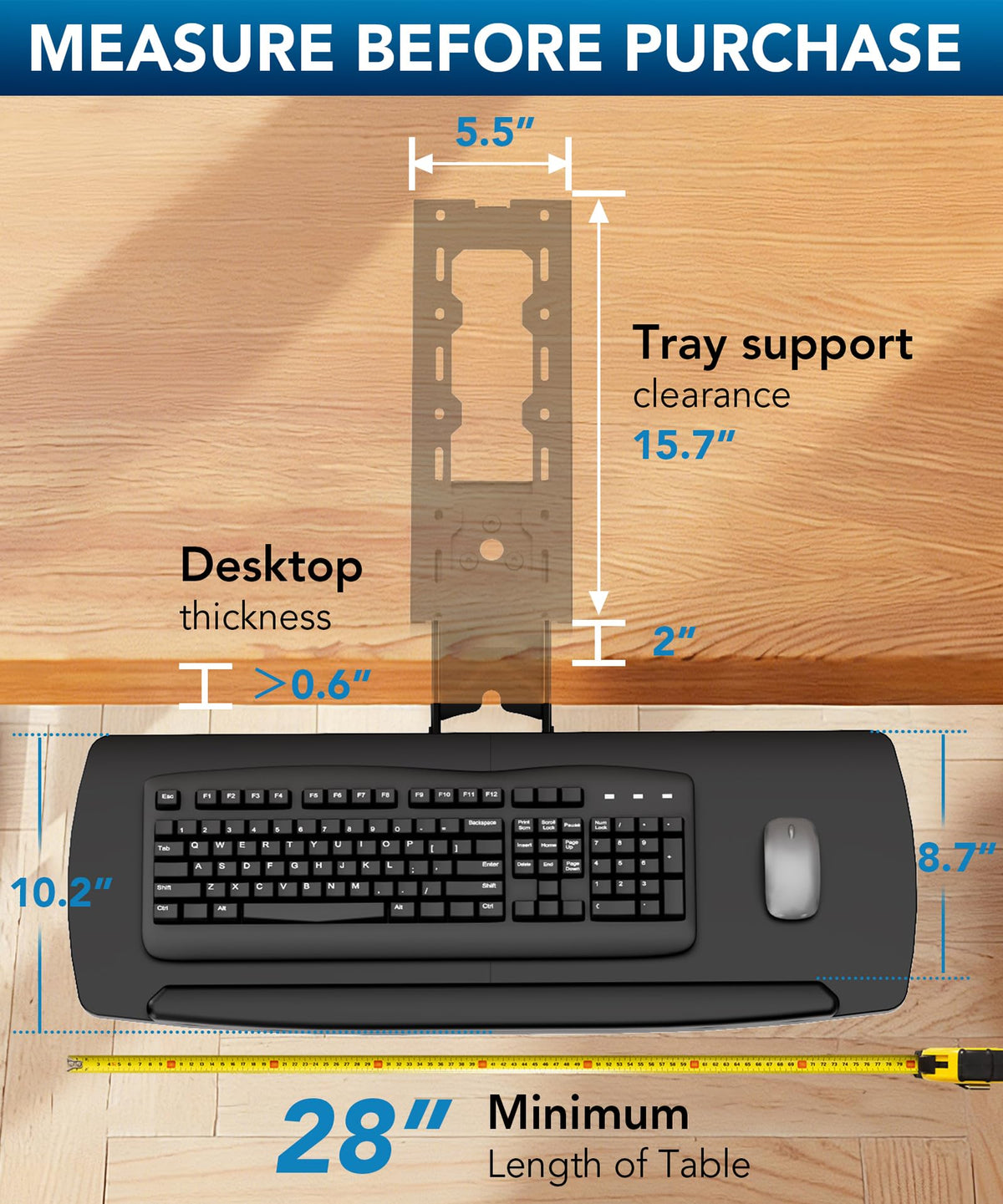 AX WABER Keyboard Tray Under Desk with Storage Drawer, Height Adjustable Keyboard Tray Slide Out 360° Swivel Tilt, Ergonomic Under Desk Mount Keyboard & Mouse Holder for Gaming Home Office, 28''x11''