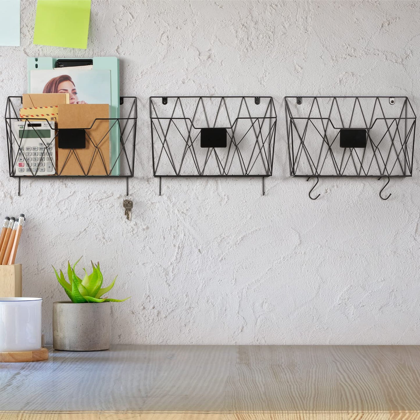 OYEAL Hanging Wall File Organizer Metal Wall File Holder 3 Pockets Mail Organizer Wall Mounted with Hooks for Office Home, Black