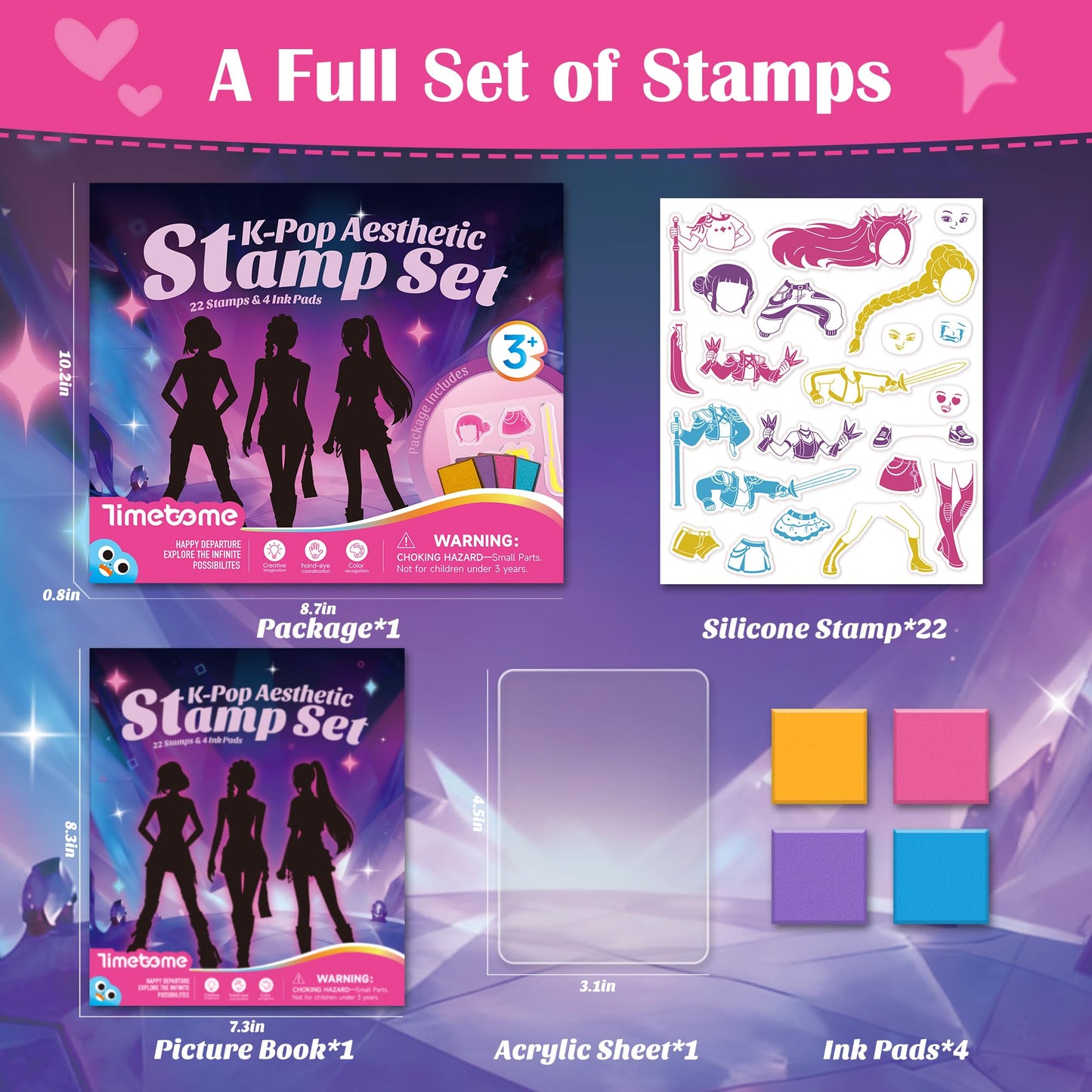Timetome K-Pop Aesthetic Stamp Set for Kids, Interchangeable Dress-Up Stamps with 22 Designs, DIY Creative Art Toy, Washable Ink, Role Play & Fashion Play, Birthday Gift for Girls & Boys Ages 3–12