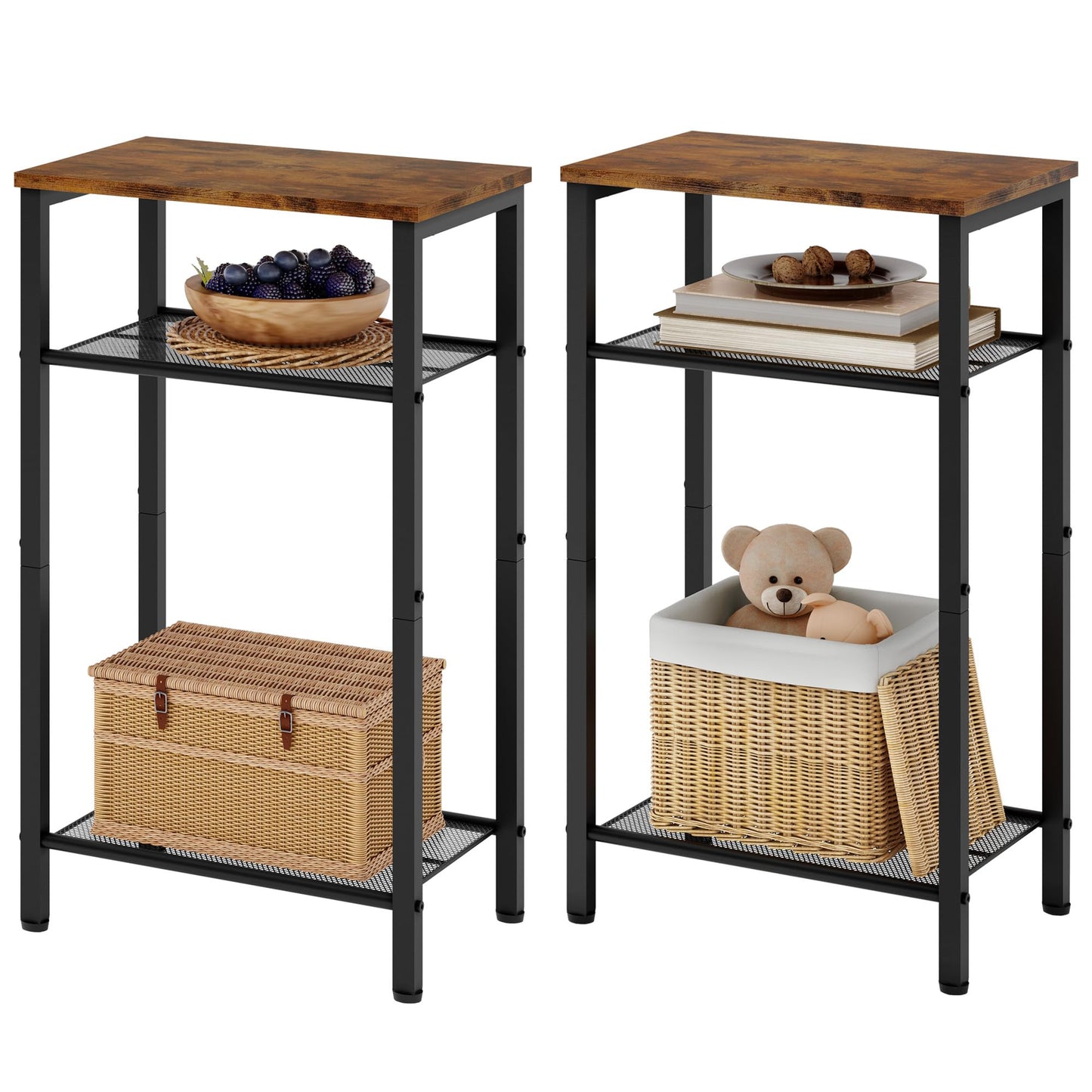 Hoctieon 2-Set 3 Tier End Table, Telephone Table Set of 2, Tall Side Table with Storage Set of 2, Small Nightstand for Small Spaces, Metal Frame, for Living Room, Bedroom, Sofa Couch, Rustic Brown