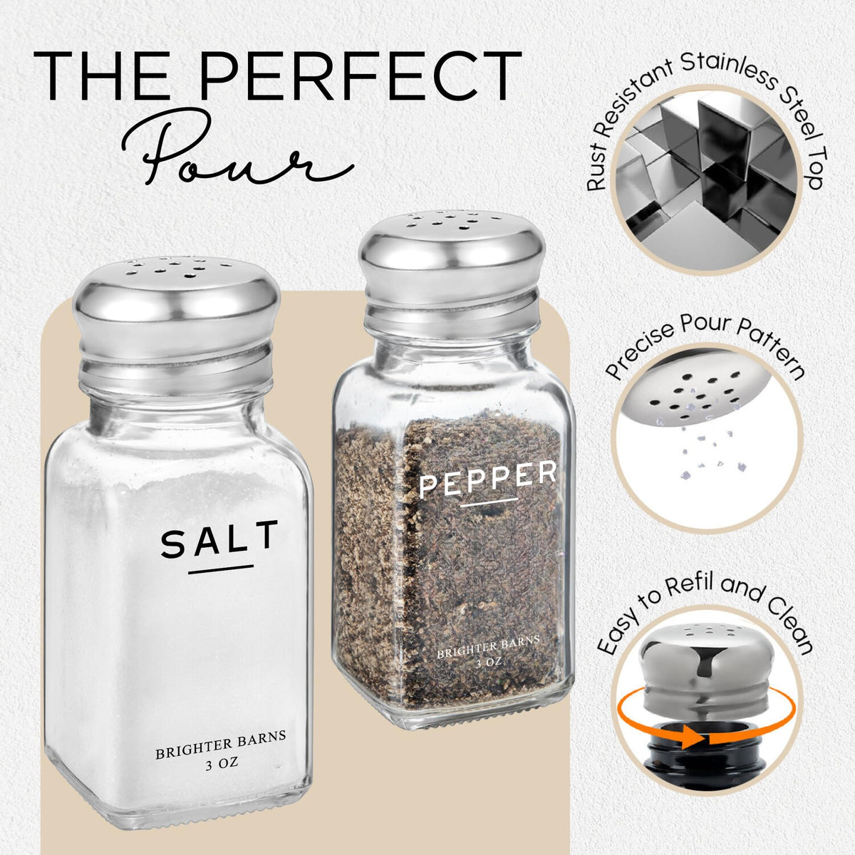 Glass Salt and Pepper Shakers Set with Holder by Brighter Barns - Modern Kitchen Decor, Dining Table Countertop Accessory - Cute Salt and Pepper Set with Caddy for Restaurants, Farmhouse Decor (Clear)