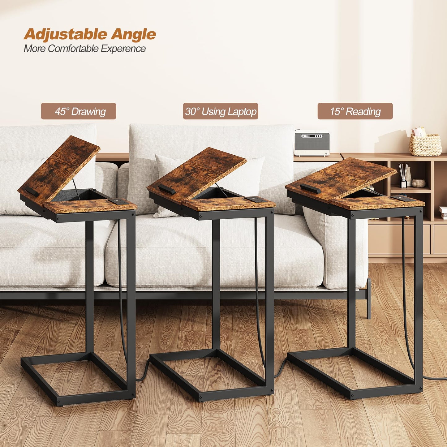 TUTOTAK C Shaped End Table with Charging Station, Tilting Laptop Stand Side Table, Under Couch Table for Living Room Bedroom, Brown TB01BB090
