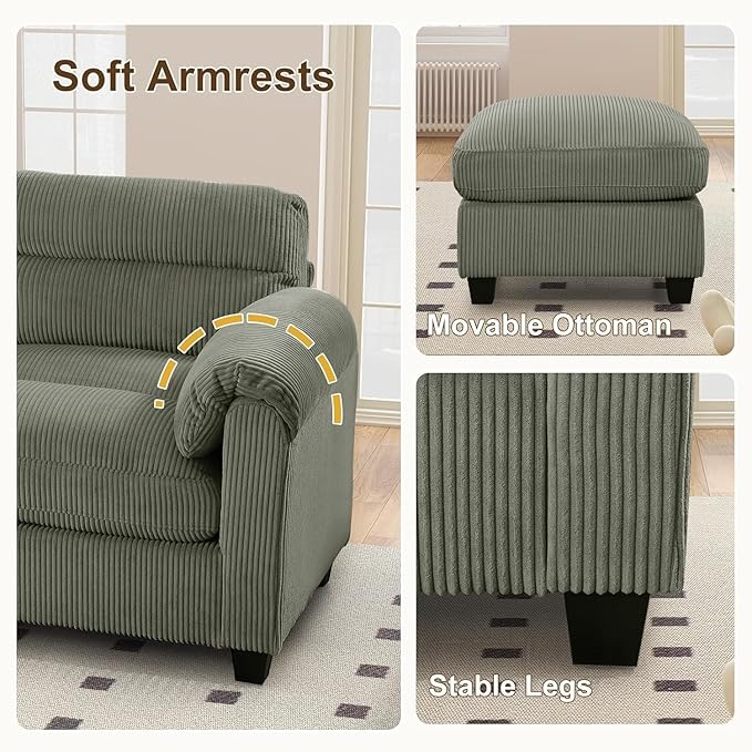 HAOMARKETS Corduroy 3-Piece Sofa Set, Upholstered Ottoman and Accent Chair Sofa