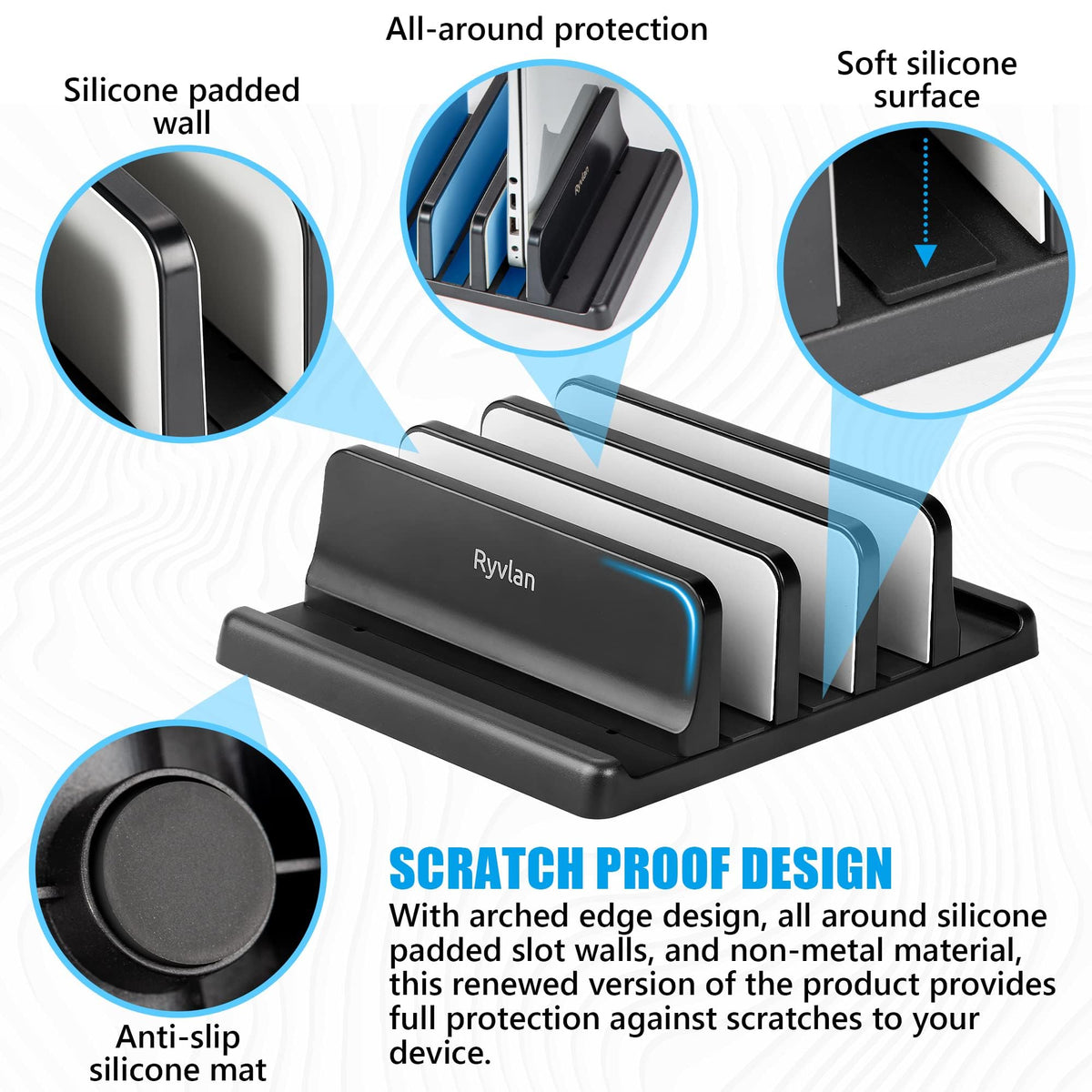 Ryvlan Vertical Laptop Stand, 3 Slot Adjustable Laptop Storage Rack and Desk Organizer, Silicone-Padded Holder for Multiple Devices Storage, Compatible Stand for Tablets and Devices up to 17 Inches