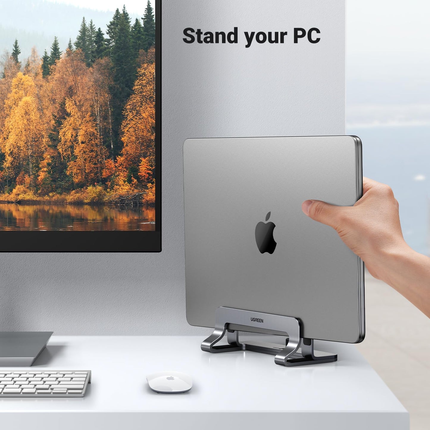 UGREEN Vertical Laptop Stand Holder for Desk Compatible with MacBook Pro, MacBook Air Stand Vertical Aluminum Adjustable for Up to 17.3 Inch Gaming Laptop, Gray