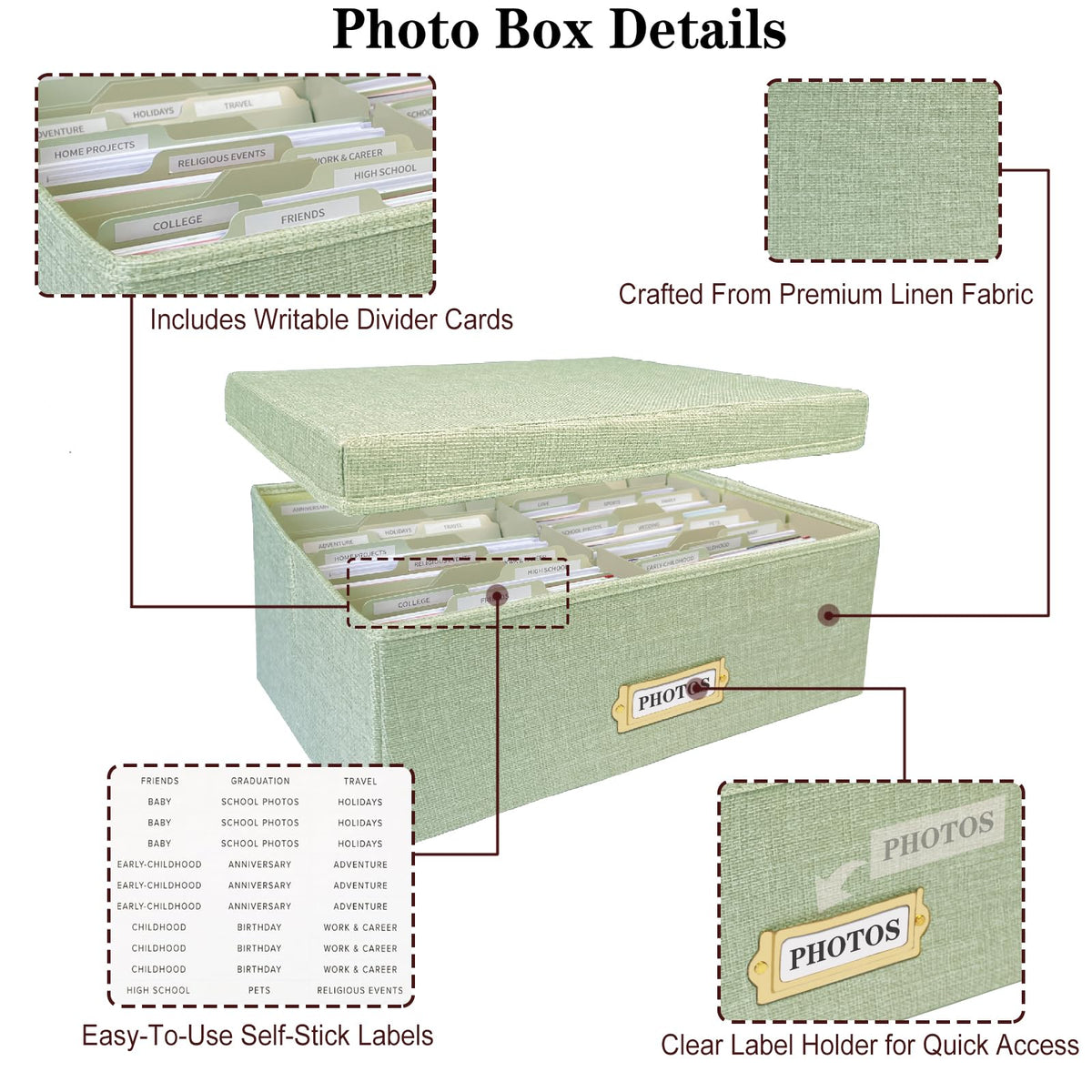 Sprsthai Linen Photo Storage Box – Holds 1700 Photos, 24 Adjustable Dividers & 72 Labels Multi-Use Organizer for Photos, Envelopes, Recipes Beige