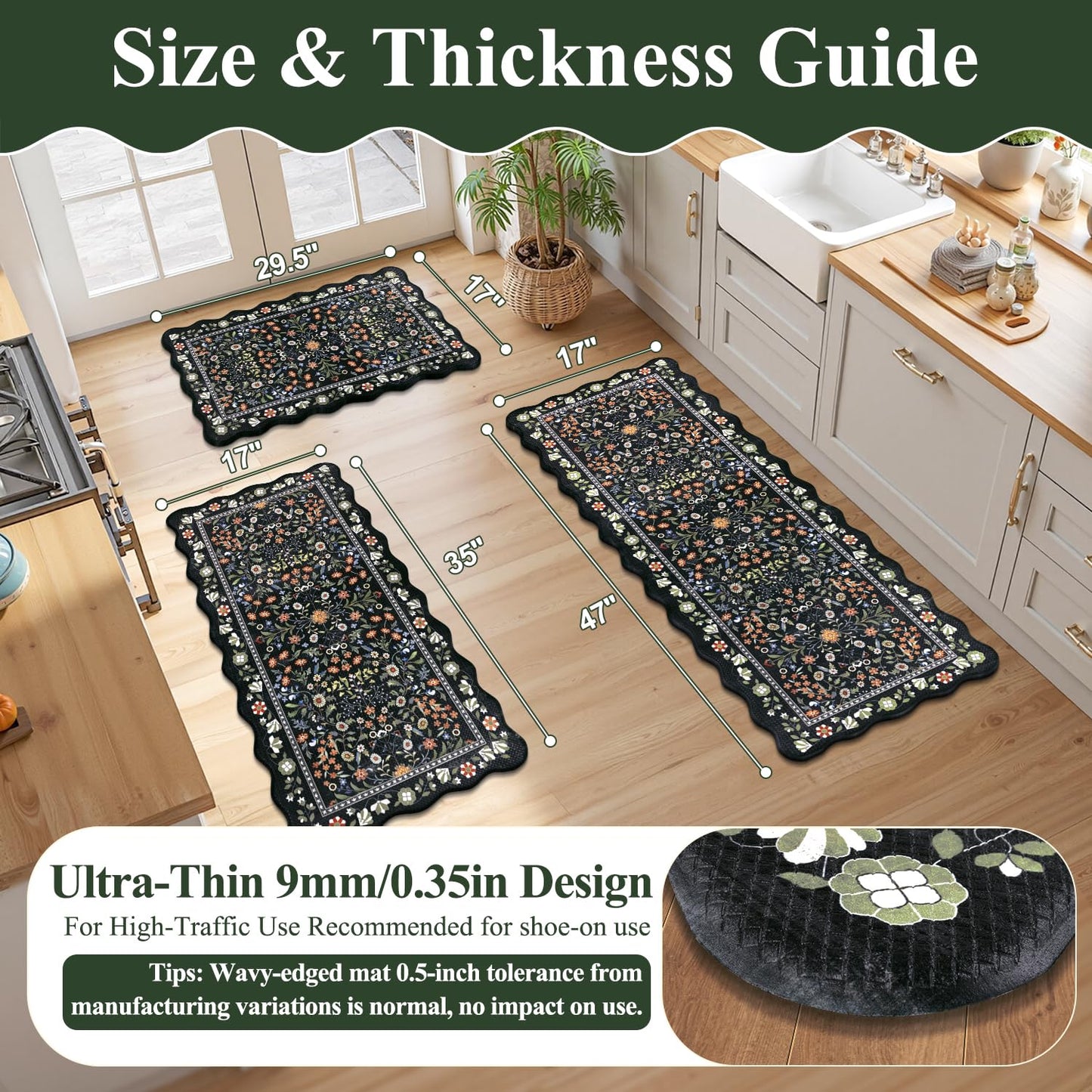Yamaziot Anti Fatigue Kitchen Rugs Set of 3 - Boho Non Slip Waterproof Kitchen Mats for Floor, Boho Runner Rug for Kitchen Floor, Laundry, Desk, Bar, Office, 17.3"x29"+17.3"x35"+17.3"x47", Black