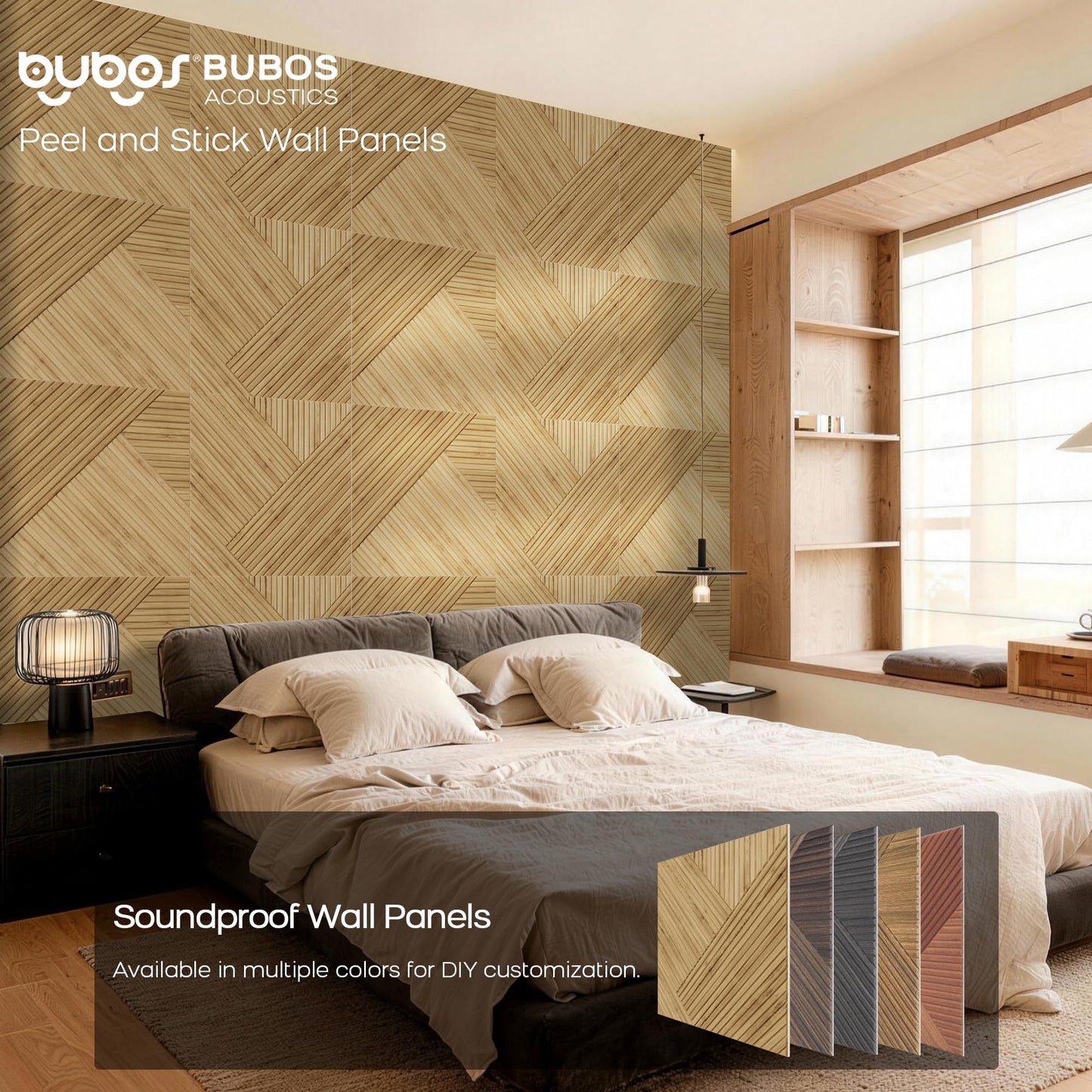 BUBOS 6 Pack Acoustic Wall Panels - High-Density Polyester Sound Absorbing Panels, Decorative Wood Print Treatment for Recording Studio & Home Office, Peel and Stick, 23.6" x 23.6"