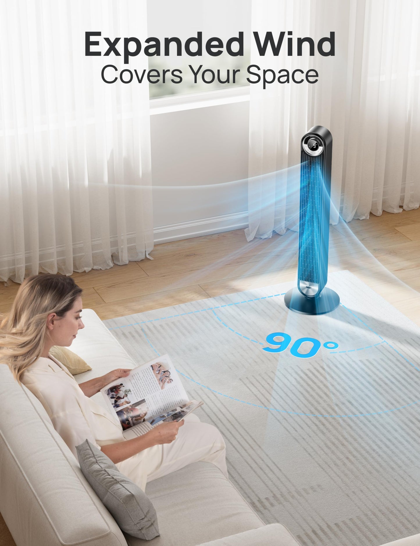 DREO Tower Fan for Bedroom, Upgraded DC 9 Speeds 20dB Ultra-Quiet Floor Fan, 90° Oscillating Fans with 28ft/s Velocity, 12H Timer, Standing Fan, Bladeless Fan Powerful for Home Office Room