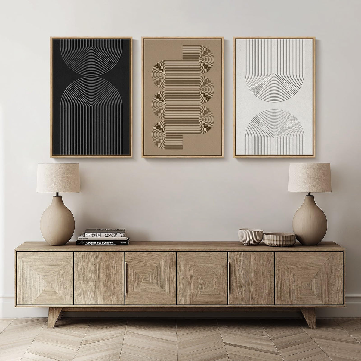 Large Framed Black and White Neutral Abstract Wall Art, 3 Piece Minimalist Canvas Prints Paintings Artwork for Walls, Boho Geometric Pictures for Living Room Hallway Office Wall Decor Total 30x60 In