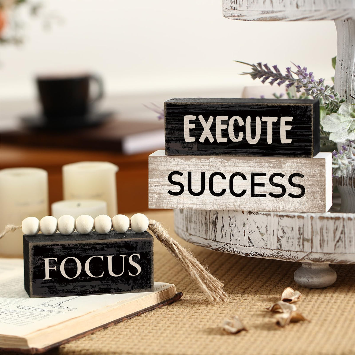 Yuntau 4 Pcs Motivational Wooden Tabletop Decor Inspirational Tiered Tray Decor Rustic Retro Wood Bead Garland Focus Execute Success Block Sign Gift Farmhouse Centerpiece for Home Shelf Mantle