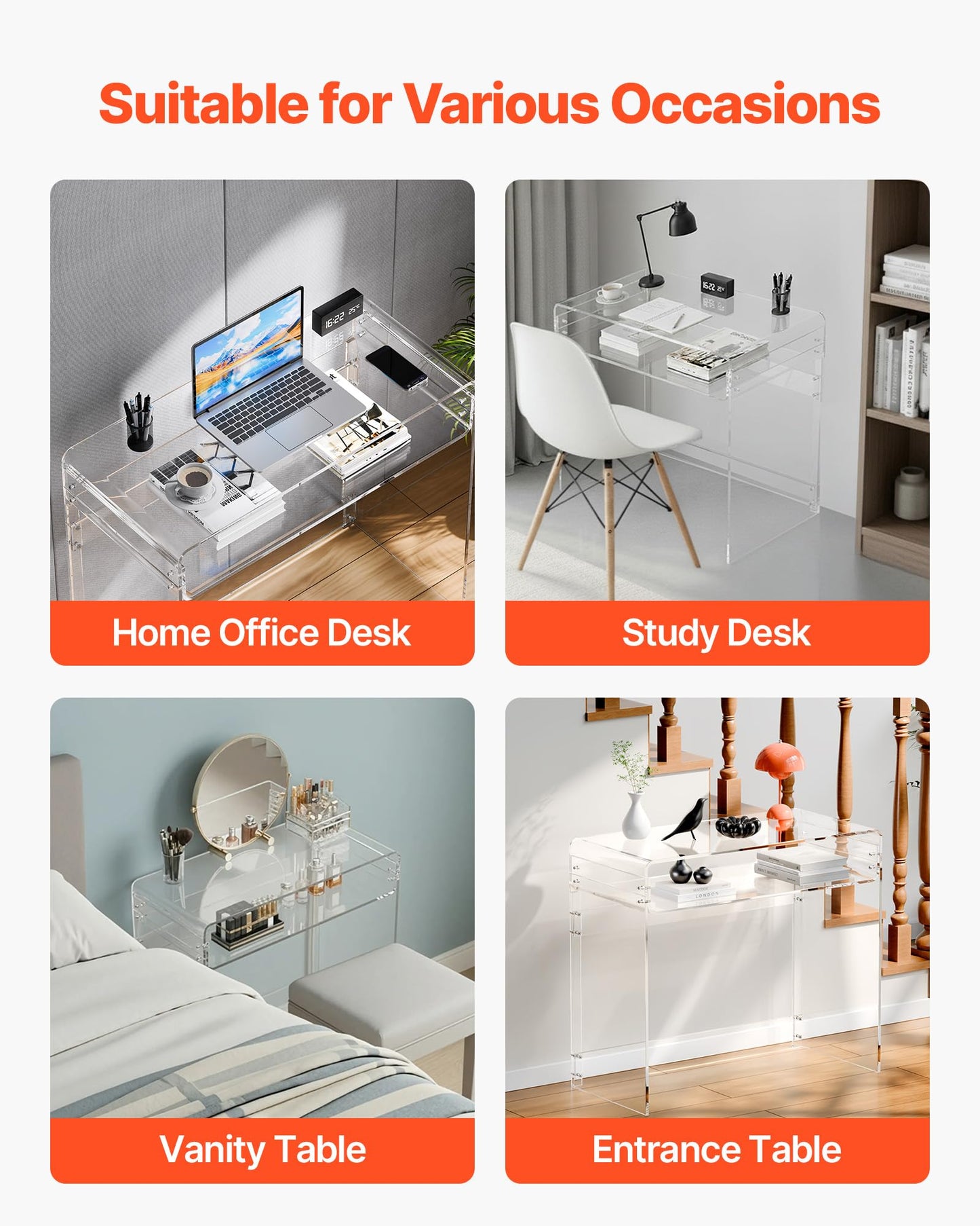 VEVOR Acrylic Desk, Clear Laptop Study Desk with Storage Shelf, Modern Transparent Console Table for Home Office, Living Room, Bedroom, Entryway, 33.5" W x 15.7" D x 29.5" H