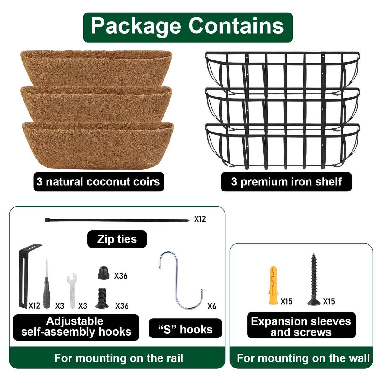 DUNCHATY 24 Inch Railing Planter Box 3 Pack - Metal Window Flower Box with Coco Coir Liner & Adjustable Hooks for Deck Balcony Porch Fence - Outdoor Horse Trough Planter for Herbs & Flowers