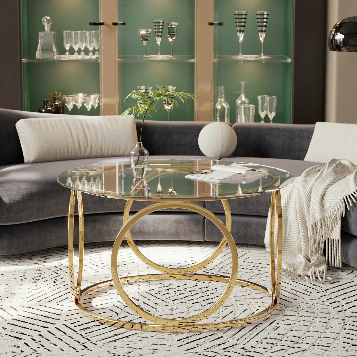 GDFStudio 31.5" Luxury Round Coffee Table with Circular Metal Frame, Tempered Glass Top Modern Coffee Table, Small Round Center Table for Living Room Small Space Office Lounge, Easy Assembly, Gold