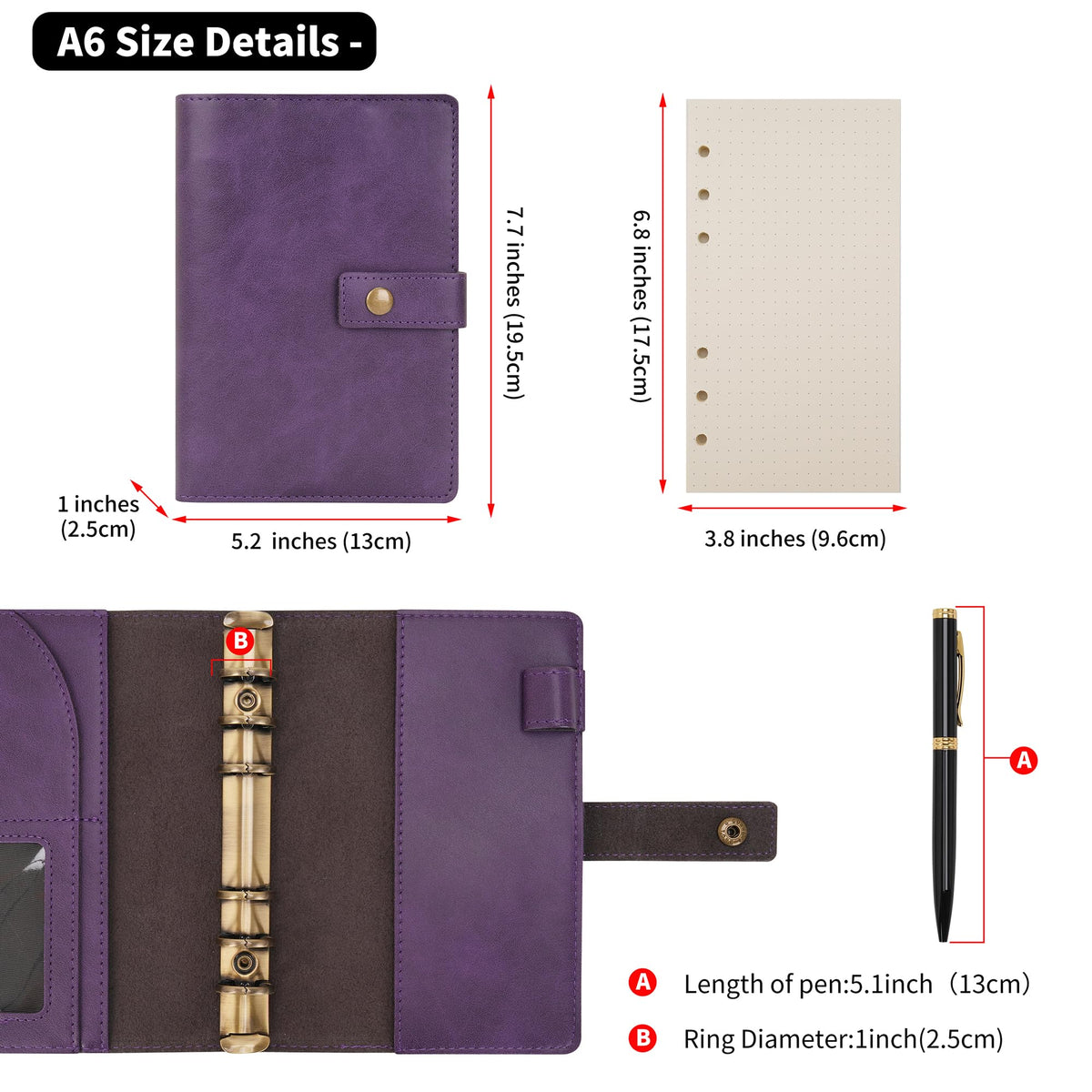 WONDERPOOL Leather Journal Dotted Paper Refillable Writing Binder Notebook - Leather Spiral Diary with Inner Organizer Pockets for Man and Woman (Purple, A6)