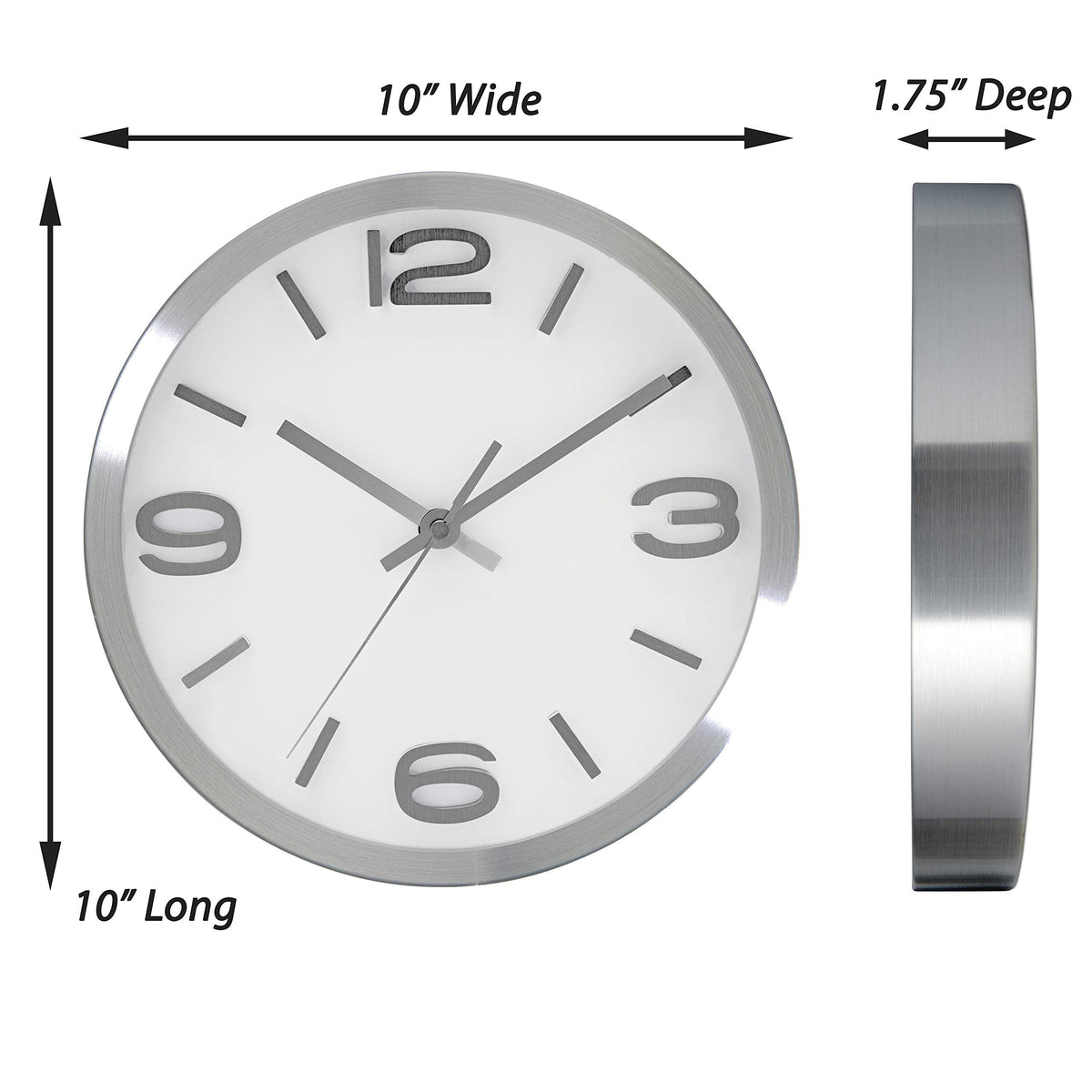 Bernhard Products Modern Wall Clock 10 Inch Silver Silent Non Ticking Battery Operated Round Elegant Metal Quality Quartz for Kitchen Home Office Clock with 3D Numbers, Easy to Read