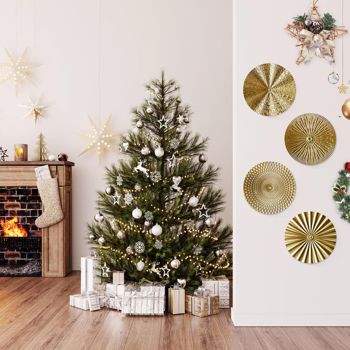 RUNTIVAN 4 Pack Metal Wall Art Decor - 11inch Sunburst Hanging Metal Artwork Decor Wall Art Decorations for Home Living Room Office Gift for Christmas(Gold)