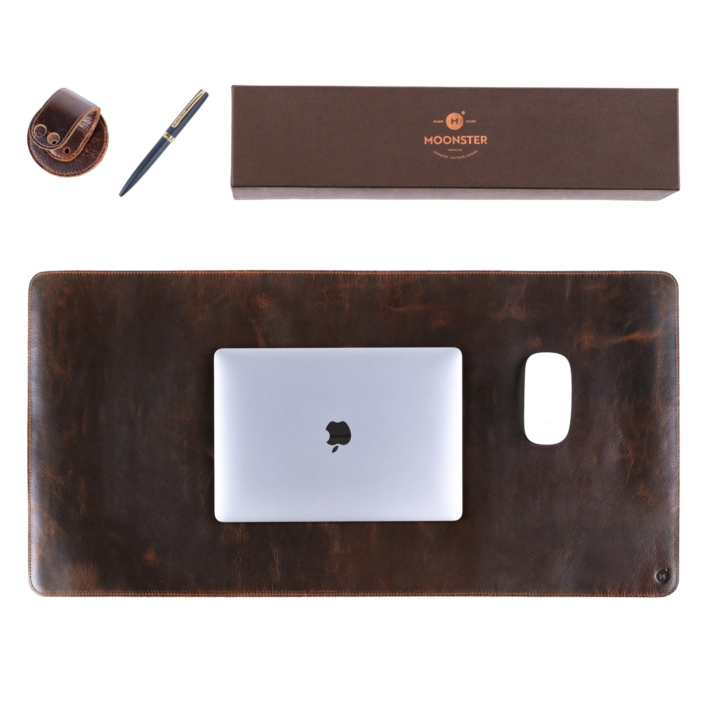 moonster 100% Genuine Leather Desk Pad with Ballpoint Pen Holder – Desk Mat Protector for Office Tables - Large Mouse Pad, Non-Slip PU Leather Desk Blotter, Laptop Desk Cover 31" x 16"