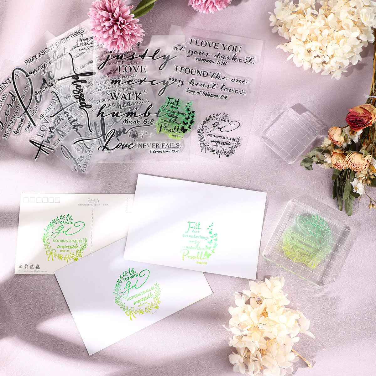 Geyee 8 Pcs Christian Mothers Day Bible Verse Clear Rubber Stamps for Crafting, 6 Sheets Christian Bible Verse Clear Rubber Stamp 2 Pcs Acrylic Blocks for DIY Journal Card Making Scrapbooking Decor