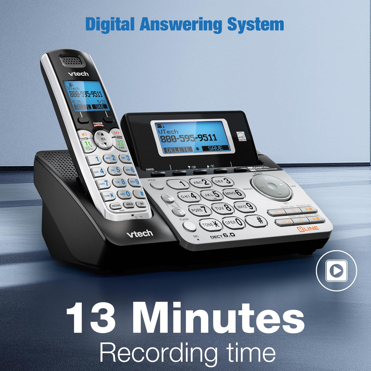 VTech DS6151-2 2-Line Expandable Cordless Phone System with 2 Handsets, Digital Answering System, Caller ID, DECT 6.0 - Home & Small Business (Black/Silver)