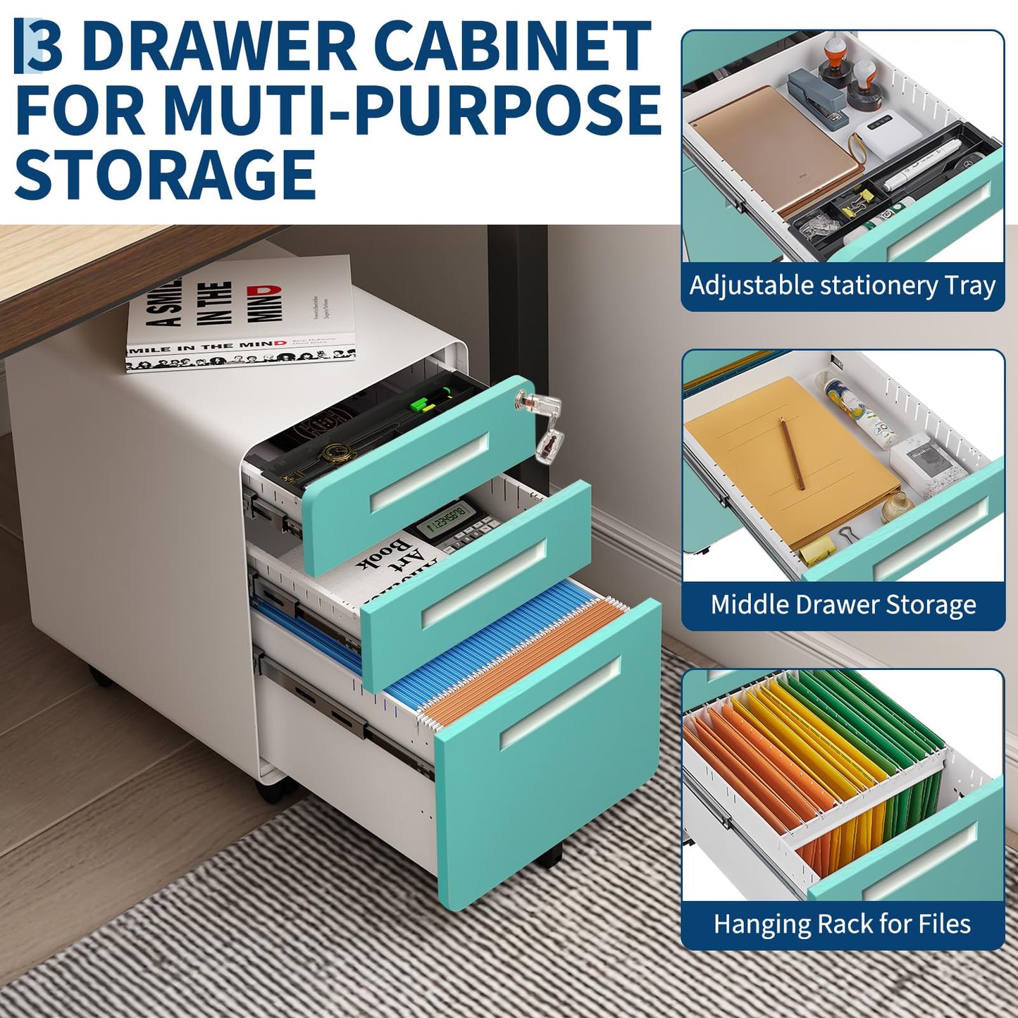 Garvee 3 Drawer File Cabinet with Lock, Under Desk Metal Mobile Filing Cabinet for Home Office, 5 Wheels Anti-Tipping Rolling File Cabinets for A4/Letter/Legal Size, Fully Assembled, Blue