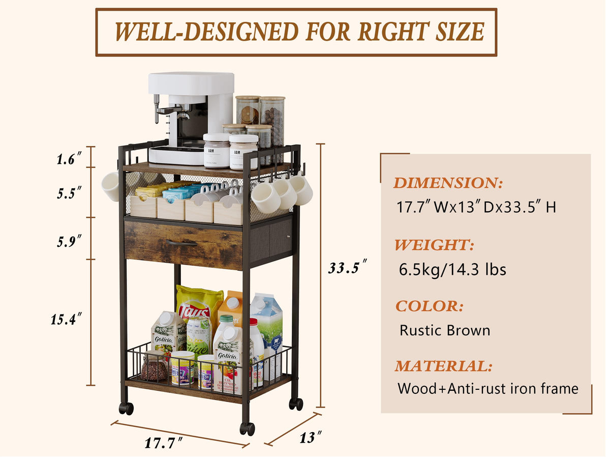 Dsmadn Small Coffee Bar Cart with Drawer Srorage, Office Coffee Bar Station Organizer Mug Cup Holder Stand, K Cup Holder Rack for Home Buffets & Sideboards for Kichen, Entryway, Living Room (Black)