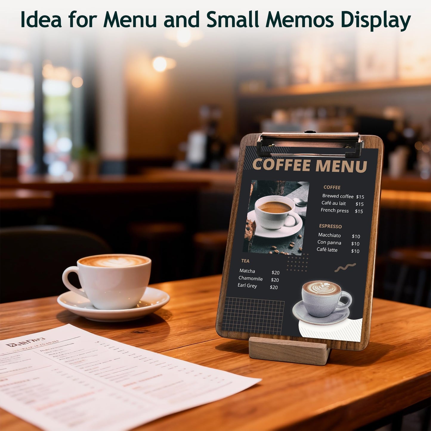 Walnut Wood Clipboard, Small Clip Board with Tabletop Stand, 0.88Lbs, 9*6.3 in, Smooth Edges, Idea for Menu and Small Memos Display for Coffee Shops, Bar, Office, Restaurant, Countertops, Self-Service