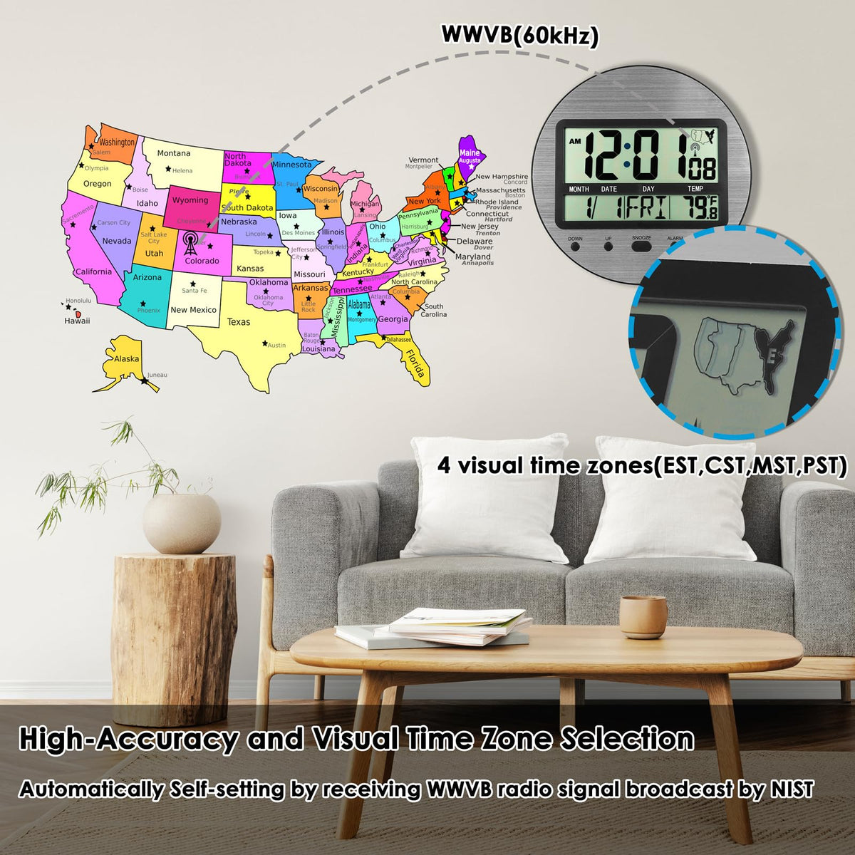 Atomic Digital Wall Clock Battery Operated, Self-Setting, Large Display with Temperature, Date, Day of The Week, Seconds, Round Wall Mount Digital Clock - 4 Time Zones, DST, Aluminum Metal Dial