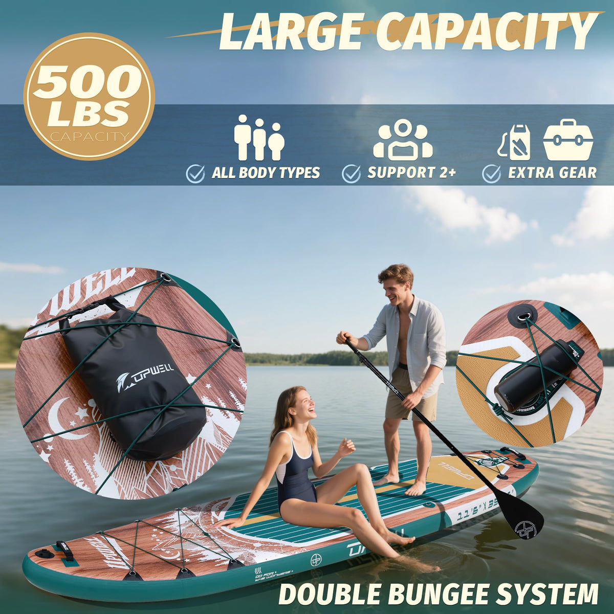 UPWELL 11'6"×35" Extra Wide Inflatable Paddle Board, Stand Up Paddle Board with Kayak Seat, Sup Paddle Boards for Adults, Sequoia Green