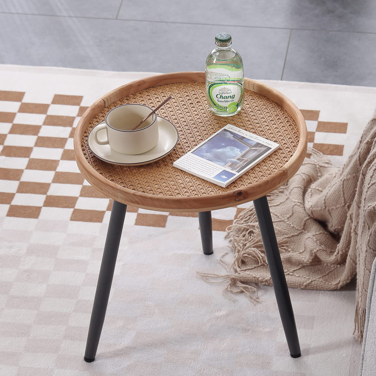 Tiita Rattan Round End Table Mental Side Table Nightstand/Small Wood Tables Accent Coffee Table with Wooden Tray for Living Room Bedroom Office Small Space